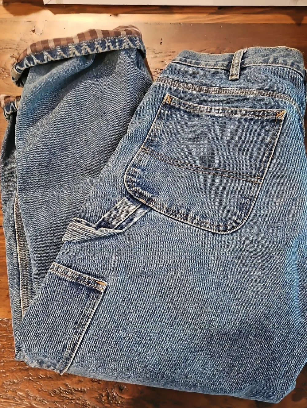 Guide Gear Casual Blue Denim Carpenter Jeans with Cuffed Plaid Lining